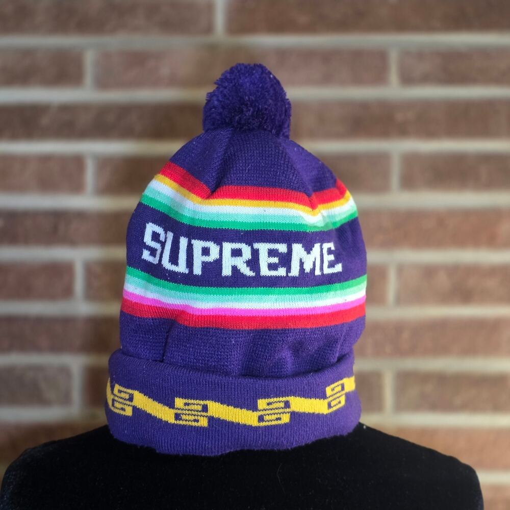 Vintage Supreme 2011 Bolivia Knit Pom Beanie Hat Purple Rainbow Stripe Ski Cuff